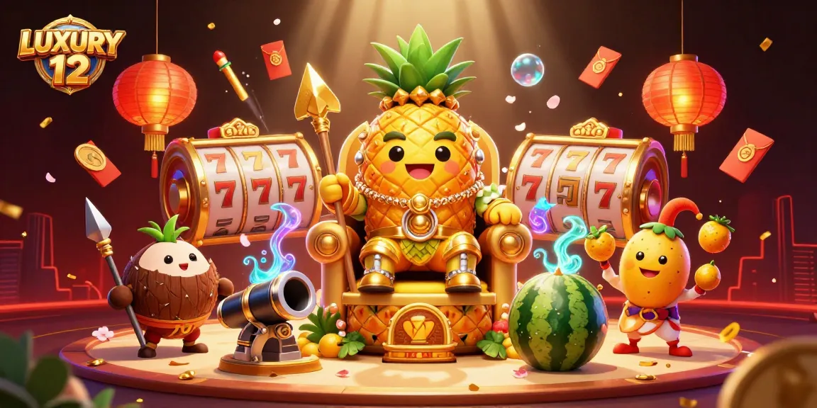Permainan slot online LUXURY 12 yang seru dengan karakter kartun raja nanas bertatahkan emas dan elemen menarik lainnya.