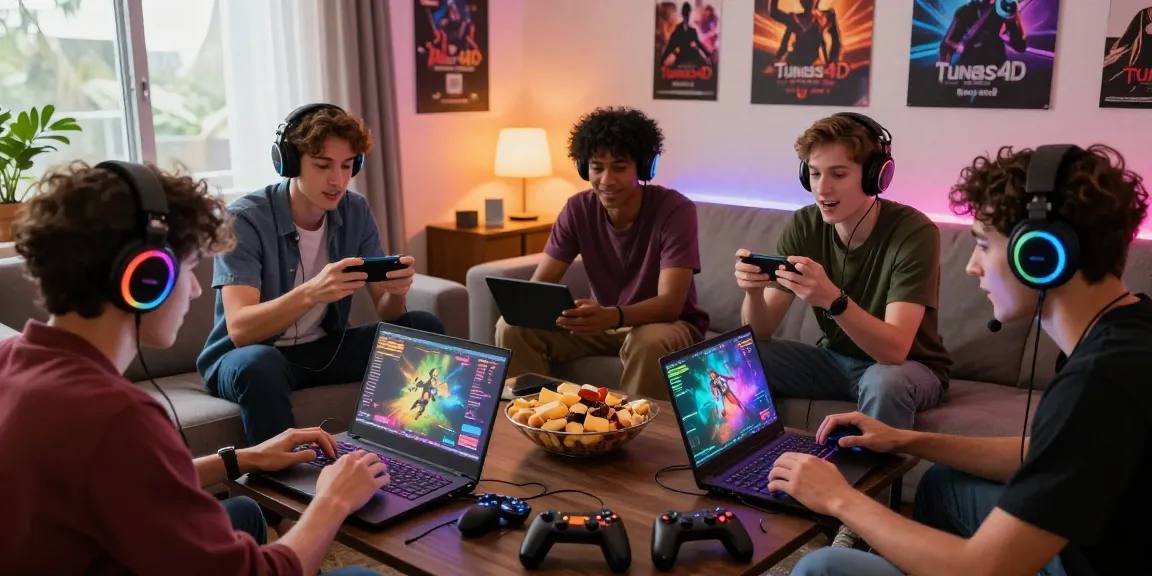 Friends enjoying exciting online games on Tunas4D in a lively living room.
