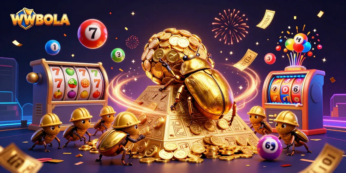 WWBOLA menampilkan ilustrasi kasino 3D dengan kumbang emas besar dan simbol slot.
