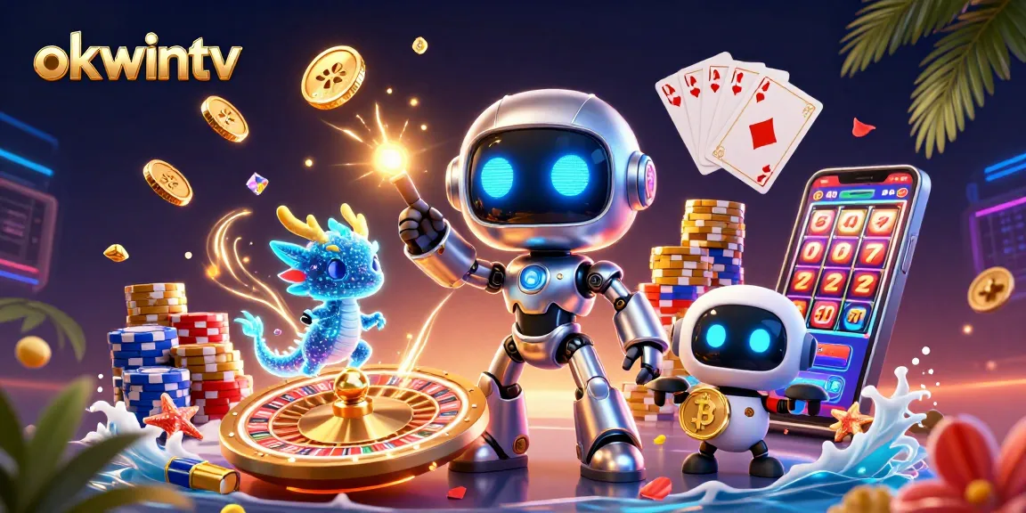 Engage with the vibrant casino universe of okwintv, featuring a cyberpunk robot and holographic dragon amidst spinning roulette wheels and flying coins.