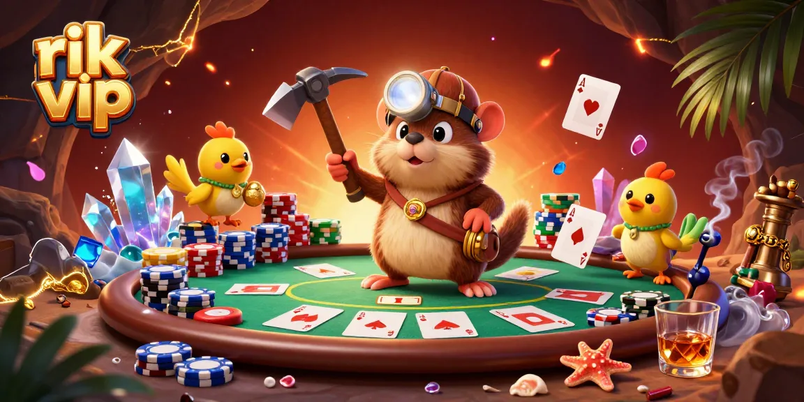 Enjoy thrilling gameplay at rik vip, featuring a treasure hunter and poker elements in a vibrant casino scene.