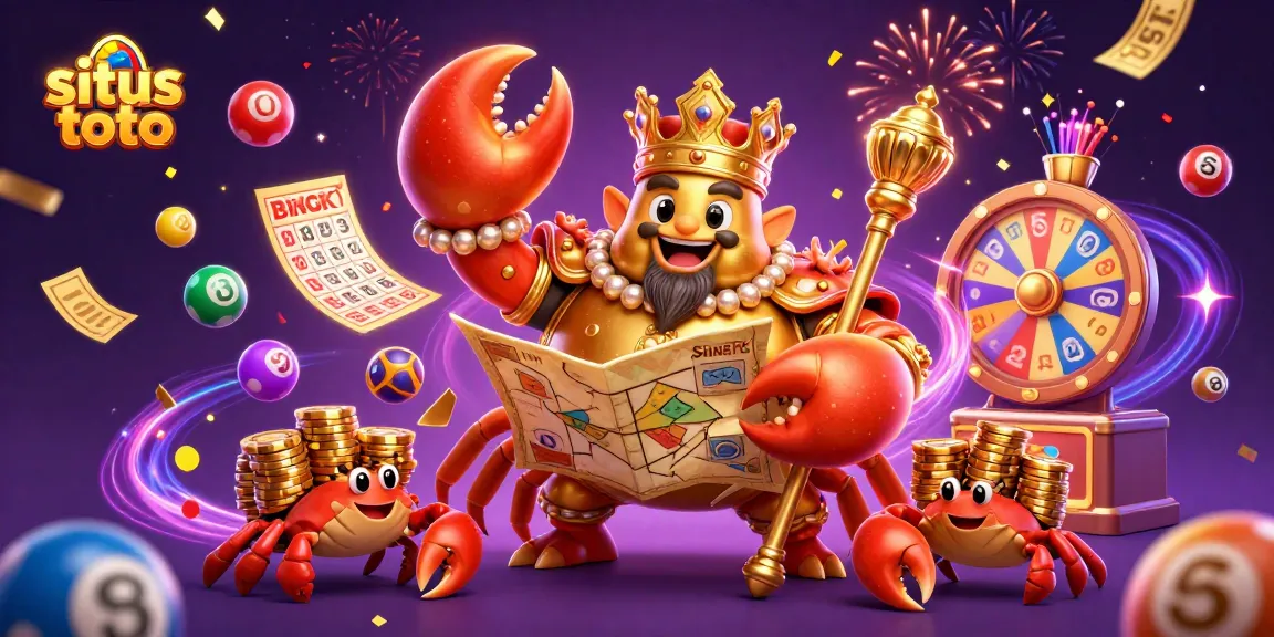 Menangkan situs toto dengan bola lotere berwarna-warni dan karakter krab emas yang menggerakkan mesin undian.
