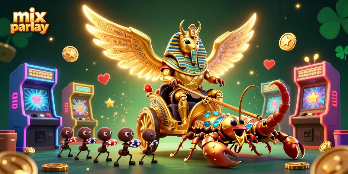 Engage in exciting mix parlay betting with a 3D illustration of a colossal scarab and scorpions.