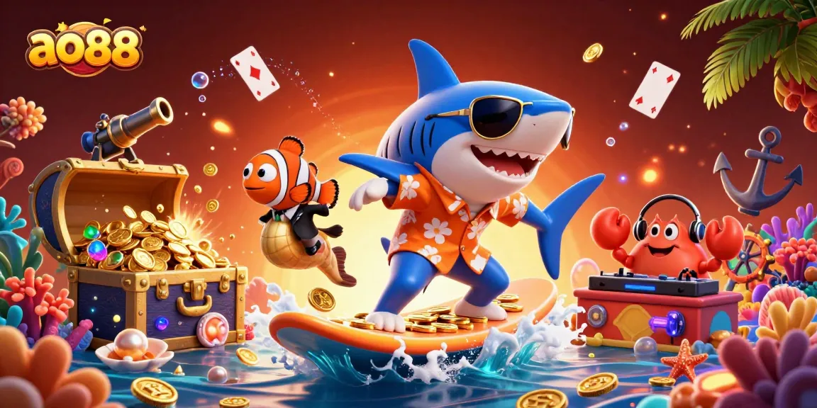 Experience the excitement at ao88 with a vibrant 3D casino scene featuring playful ocean characters.
