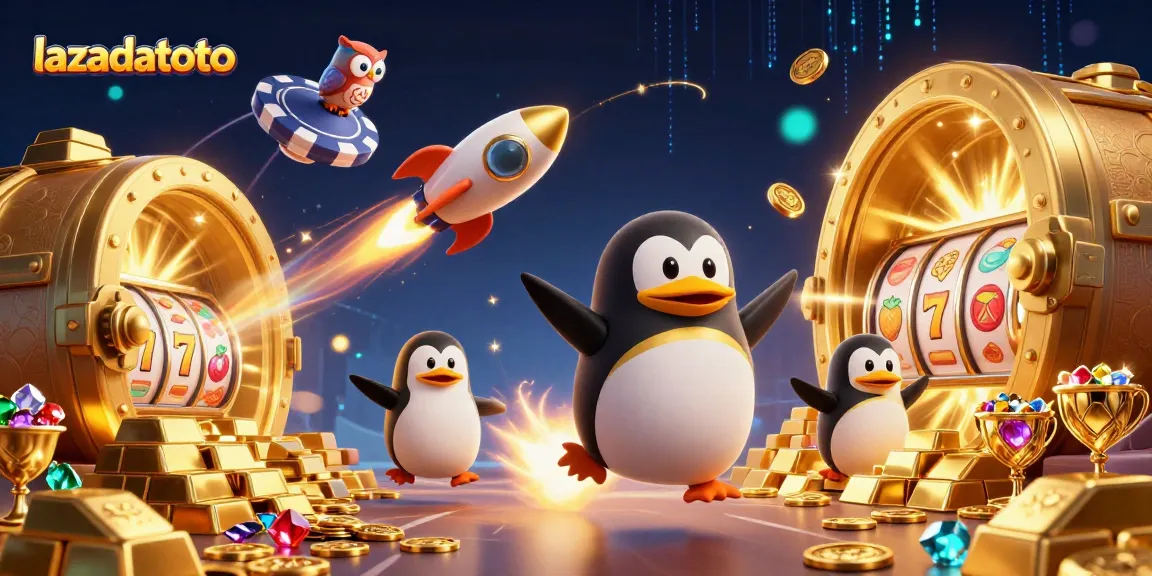 Lazadatoto menghadirkan penguin emas dengan roket di luar angkasa sedang menuju kasino, dikelilingi harta karun.