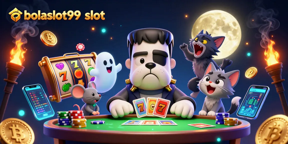 Engaging scene of bolaslot99 slot featuring a Frankenstein bulldog monster and a werewolf kitten.