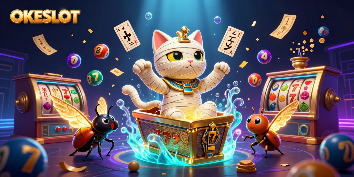 OKESLOT menghadirkan keseruan bermain slot dengan karakter kucing mummy dan elemen permainan berwarna-warni.