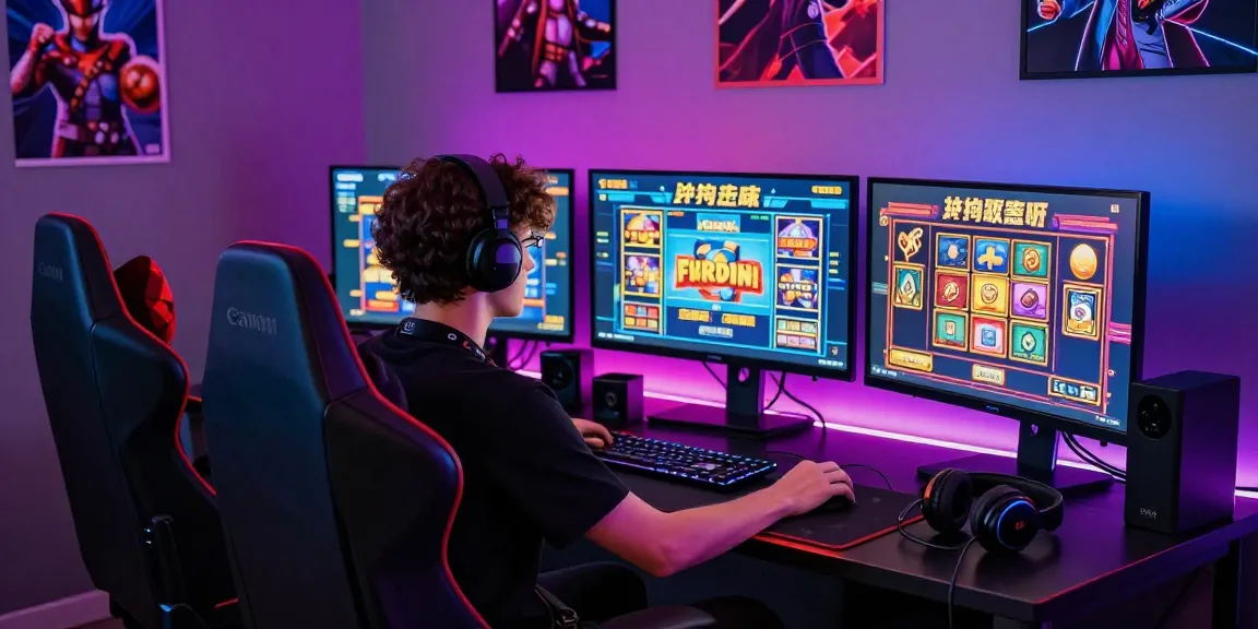 Permainan slot online di ruang gaming modern dengan pengaturan LED dan aksesori gaming