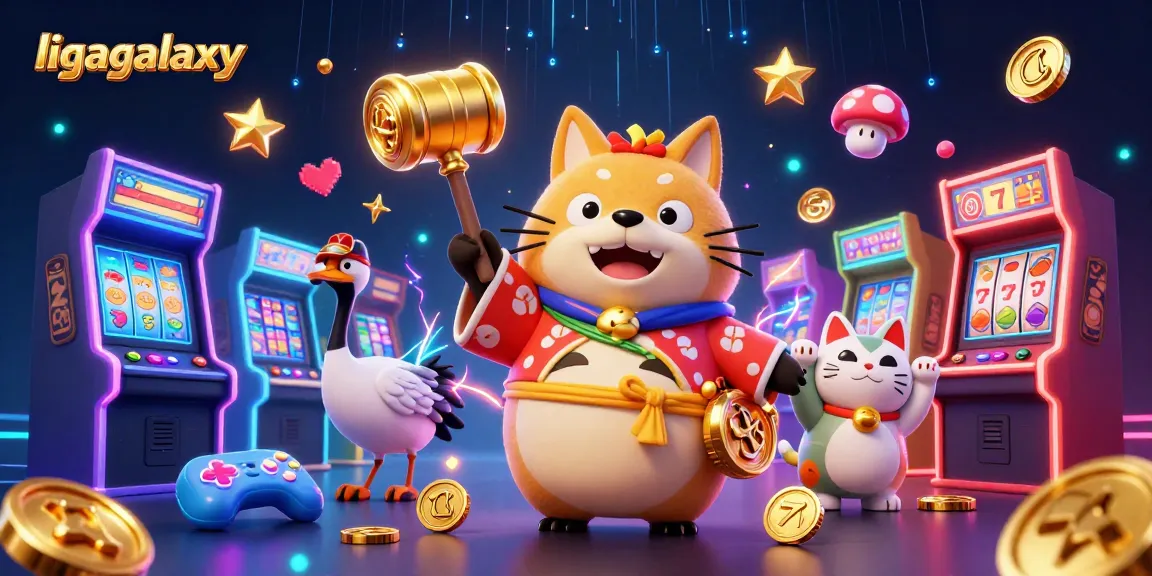 Ilustrasi 3D ligagalaxy dengan tanuki, crane, dan kucing keberuntungan beraksi di mesin slot.
