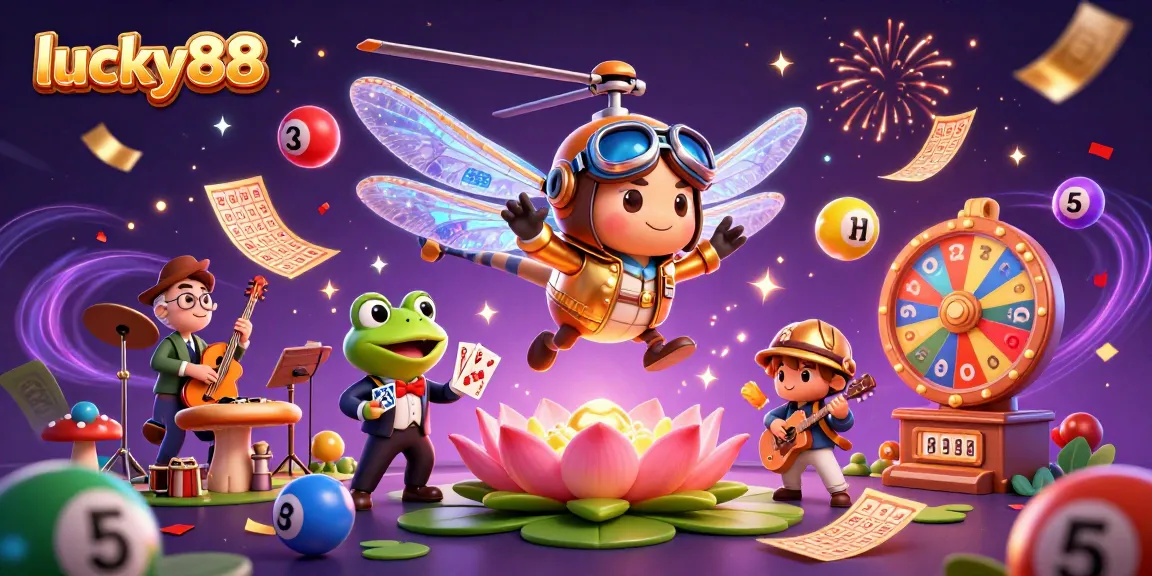 Experience lucky88 in action with a vibrant illustration featuring a dragonfly pilot and frog dealer in a lively casino scene.