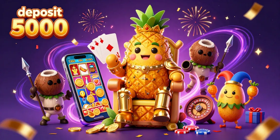 Spin to win at deposit 5000 with colorful slot reels and festive casino characters.
