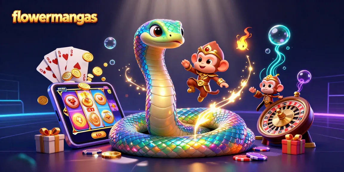 Permainan slot online flowermangas dengan serpent berwarna pelangi dan raja monyet di latar belakang penuh aksi.