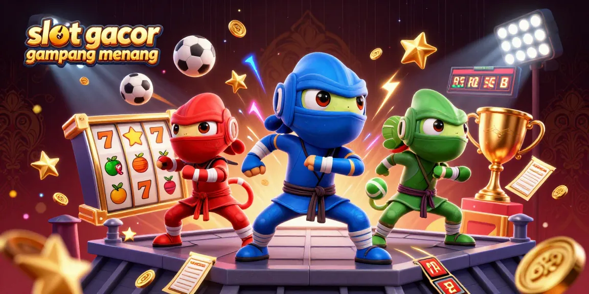 Visualisasi unik slot gacor gampang menang dengan ninja chameleon dan elemen kasino mengelilingi mereka.