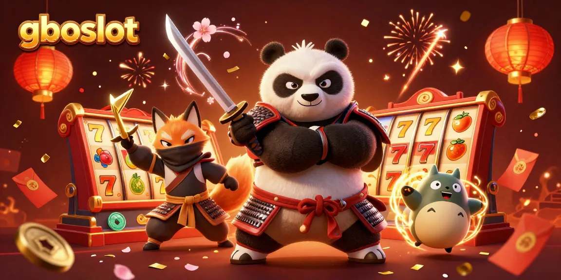 Gambarlah gboslot dengan karakter panda samurai bermain slot dan koin keberuntungan.